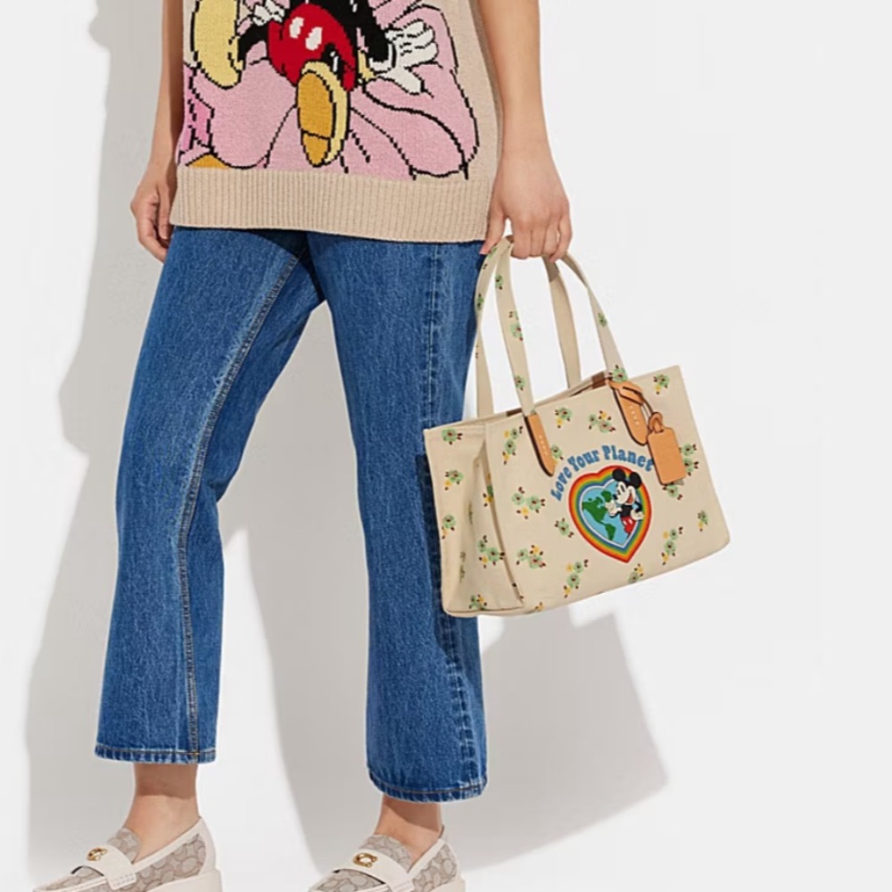 Coach Beige Floral Tote with Tan Leather Trim and Earth Graphic